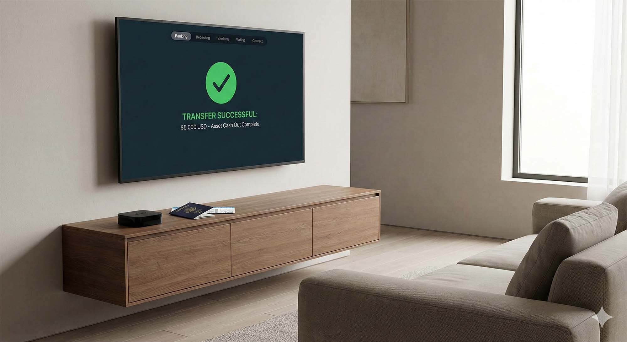 現代簡約風格的客廳，Apple TV 4K 機上盒旁放著護照與機票，電視畫面顯示轉帳成功，象徵數位生活與資產變現 / Modern minimalist living room, passport and tickets next to Apple TV 4K box, TV screen showing transfer successful, symbolizing digital life and asset cash out.